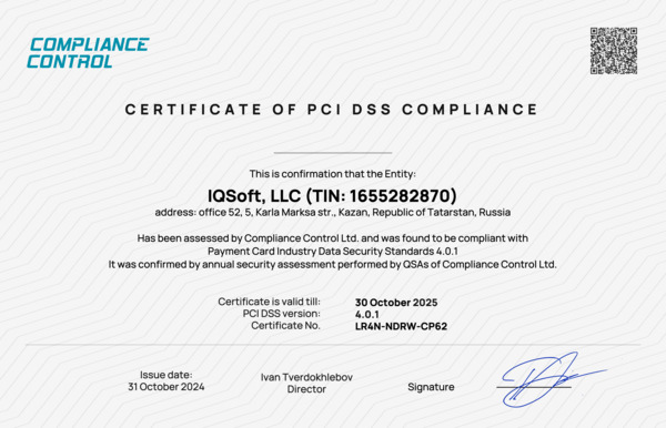 Certificate of PCI DSS compliance